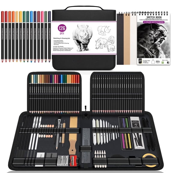 126 PCS Drawing Kit Sketching Pencil Set,Sketch Pencils Art Supplies with Sketchbook,Graphite,Charcoal,Blending Tools