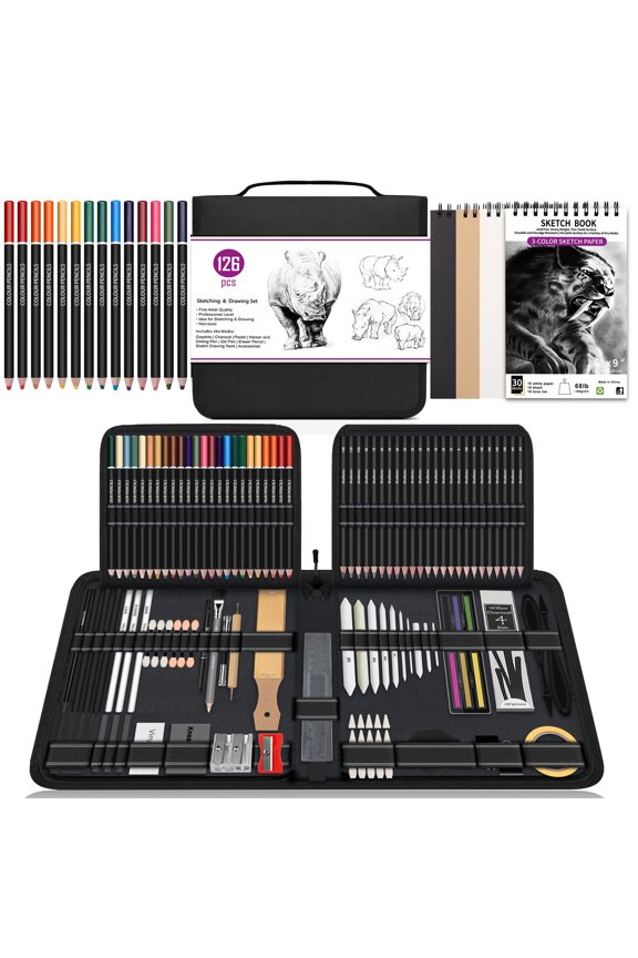 126 PCS Drawing Kit Sketching Pencil Set,Sketch Pencils Art Supplies with Sketchbook,Graphite,Charcoal,Blending Tools