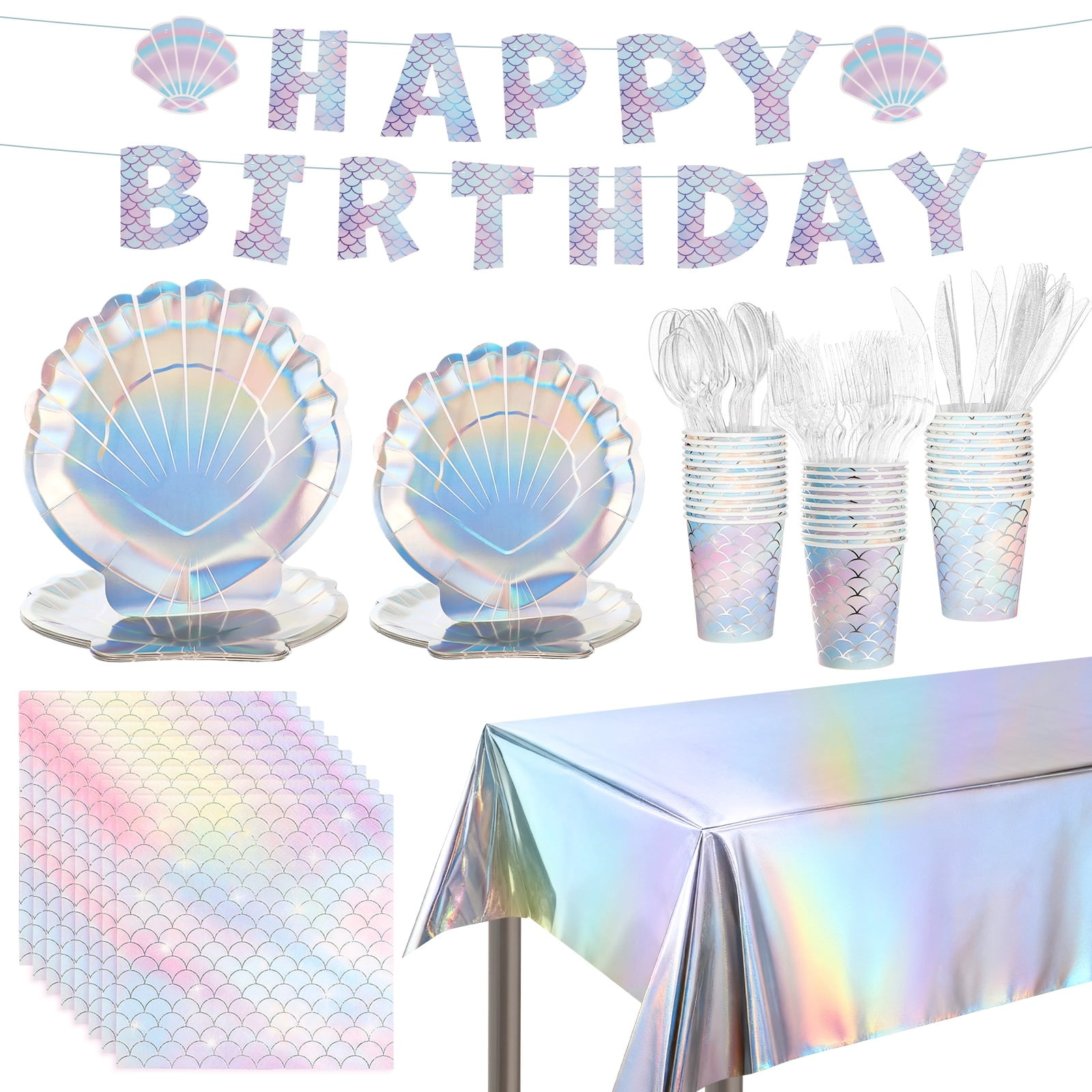 126 PCS Mermaid Birthday Party Supplies, Iridescent Plates Cups Napkins Cutlery, Disposable Tableware Kit with Happy Birthday Banner and Tablecloth, Dinnerware for 24 Guests