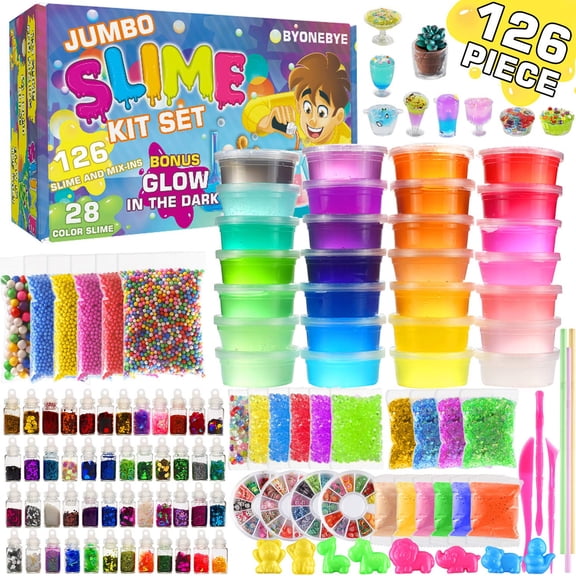 126 Pcs DIY Slime Making Kit for Girls Boys - Birthday Idea for Kids Age 5+. Ultimate Fluffy Slime Supplies Include 28 Crystal Slime, 2 Glow in The Dark Powder, 48 Bottle Glitter Jar etc.