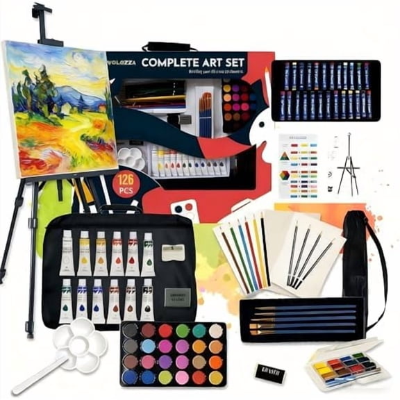 126 Piece Deluxe Acrylic Paint Kit with Floor Easel, Oil Arcylic and Watercolor Paint Set, Great Gift for Beginner, Student, Adults and Artists$$