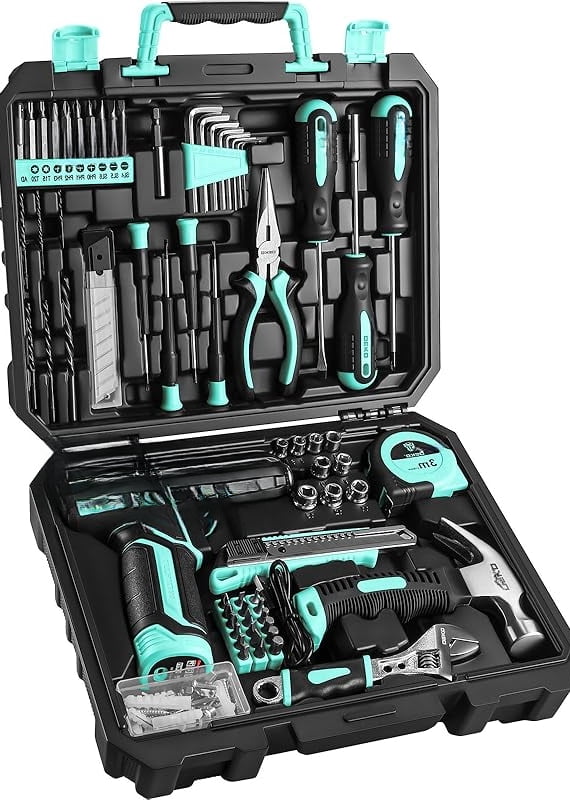 126 Piece Drill Sets, Tool Set with 8V Blue Cordless Drill, Home Tool Kit with Drill, Hand Tool Kits for Women
