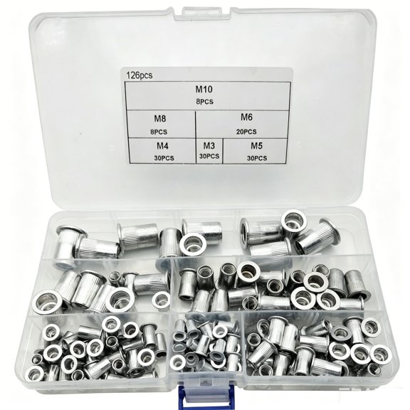126 Pieces Aluminum Flat-Headed Ribbed Rivet Nuts Set M3-M10 - Durable Fastening Solutions for Automotive, Furniture, and DIY Projects