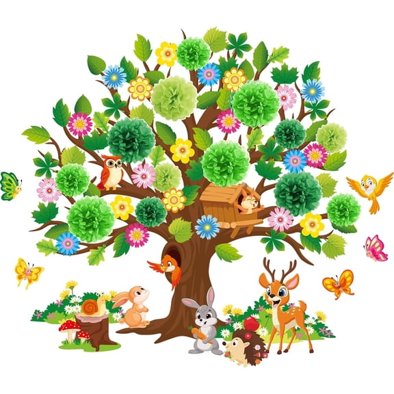 126 Pieces Classroom Tree Bulletin Board Set Spring Tree Bulletin Board Decoration with Paper Pom Poms 3D Flowers Leaves Butterfly Cutouts for School Classroom Home Wall Chalkboard Decor