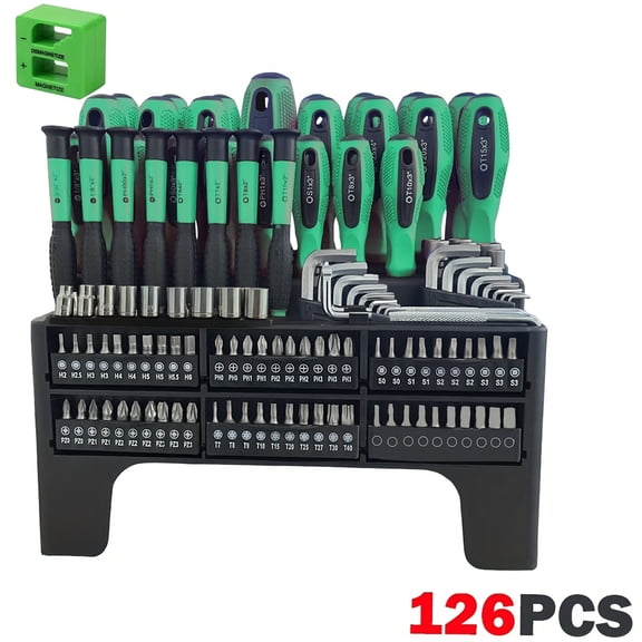 126 Pieces Screwdriver Bit Tool Set, Multi-Purpose Magnetic Screwdrivers Assortment, CR-V Steel Precision Bits, Hex Keys, Socket Adapters, Magnetizer Demagnetizer with Plastic Storage Organizer Stand