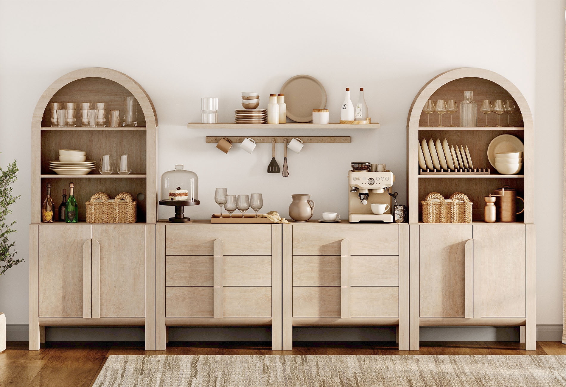 126"W Large Kitchen Hutch Sideboard Buffet Cabinet, Arched Pantry Storage Cabinet with 4 Wood Doors, 6 Drawers And 10 Tier Shelves
