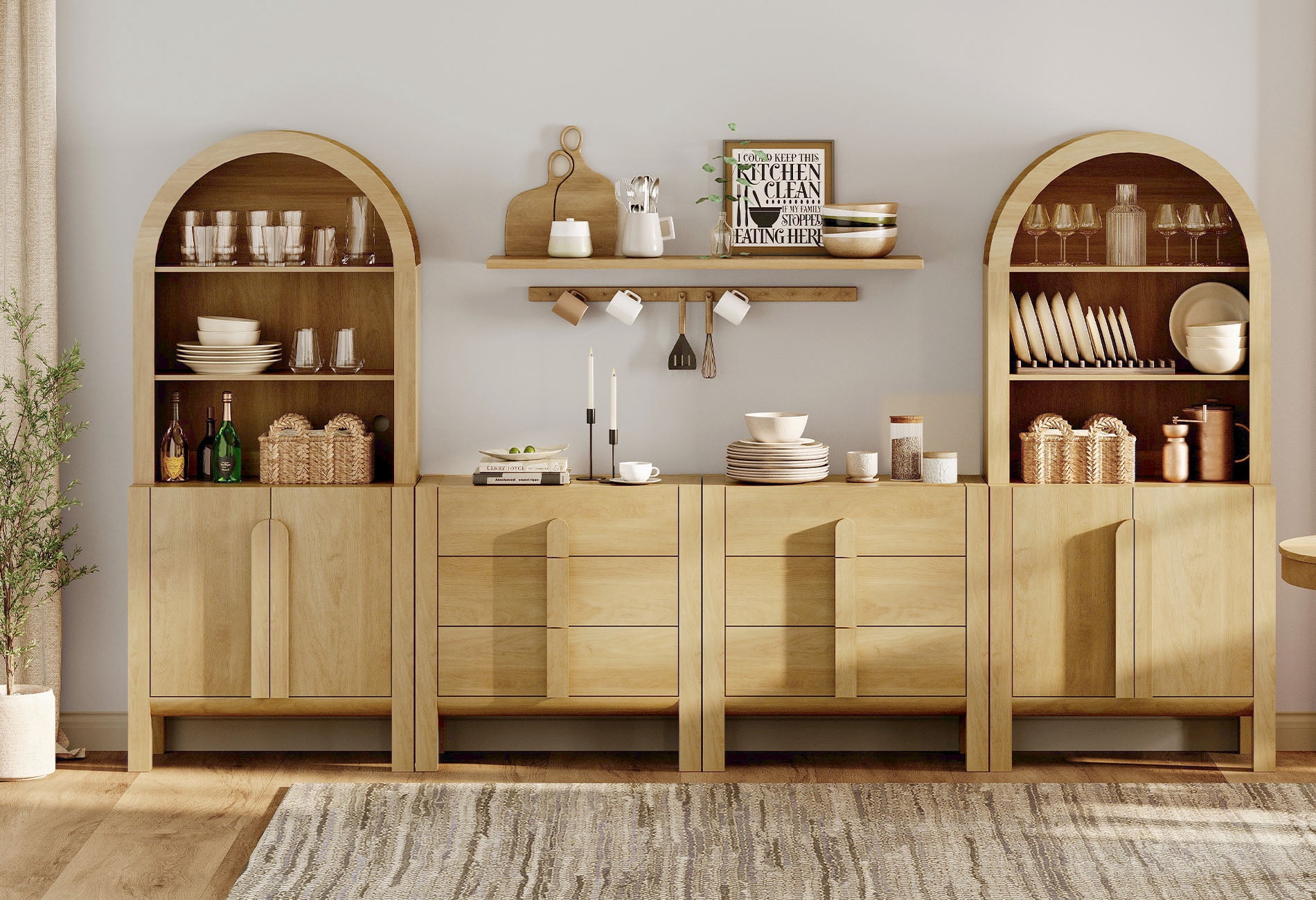 126"W Large Kitchen Hutch Sideboard Buffet Cabinet, Arched Pantry Storage Cabinet with 4 Wood Doors, 6 Drawers And 10 Tier Shelves