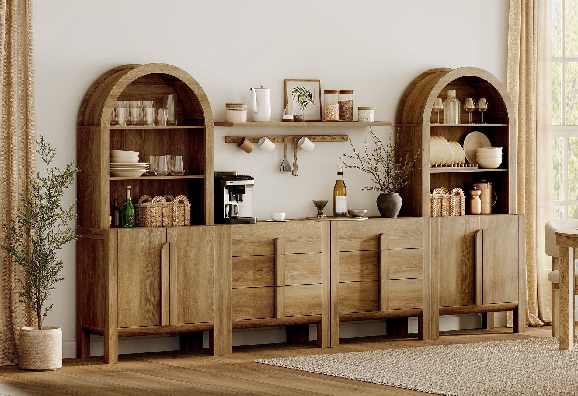 126"W Large Kitchen Hutch Sideboard Buffet Cabinet, Arched Pantry Storage Cabinet with 4 Wood Doors, 6 Drawers And 10 Tier Shelves