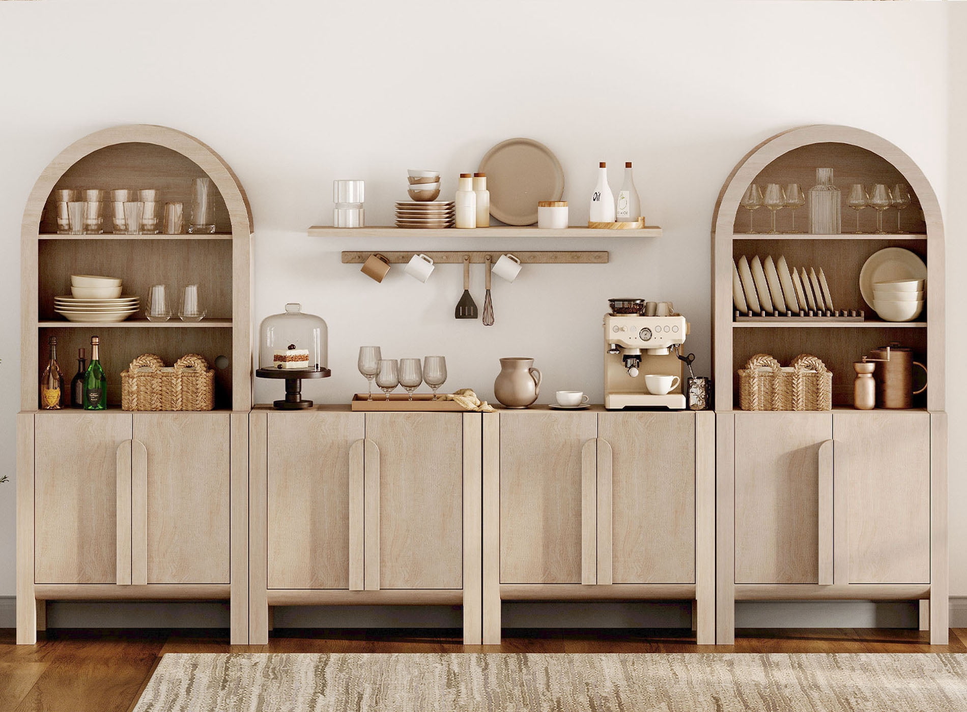 126"W Large Kitchen Hutch Sideboard Buffet Cabinet, Arched Pantry Storage Cabinet with 8 Wood Doors And 10 Tier Shelves