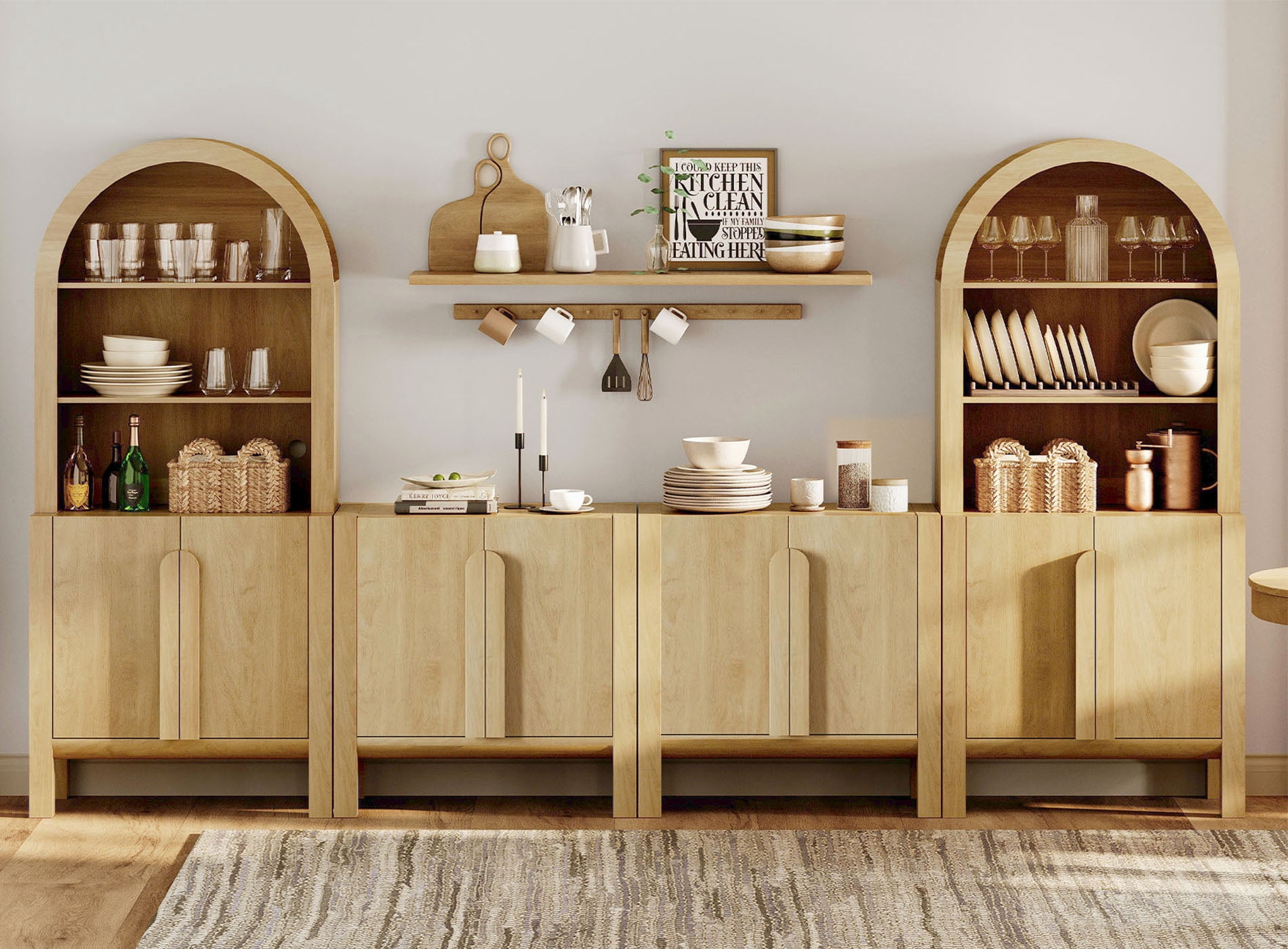 126"W Large Kitchen Hutch Sideboard Buffet Cabinet, Arched Pantry Storage Cabinet with 8 Wood Doors And 10 Tier Shelves