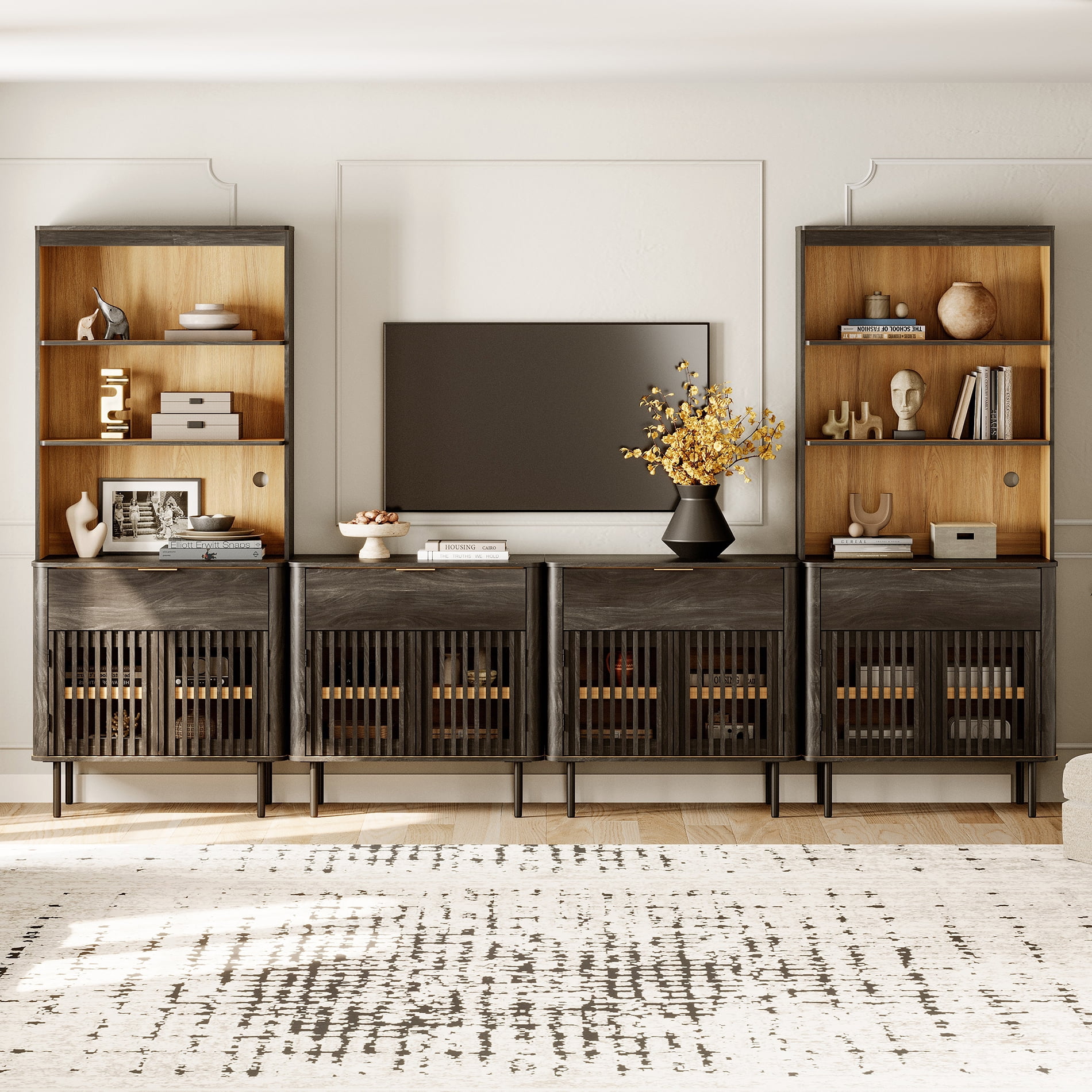 126" W Media Center with Bookcases – TV Stand for TVs Up to 75",Black