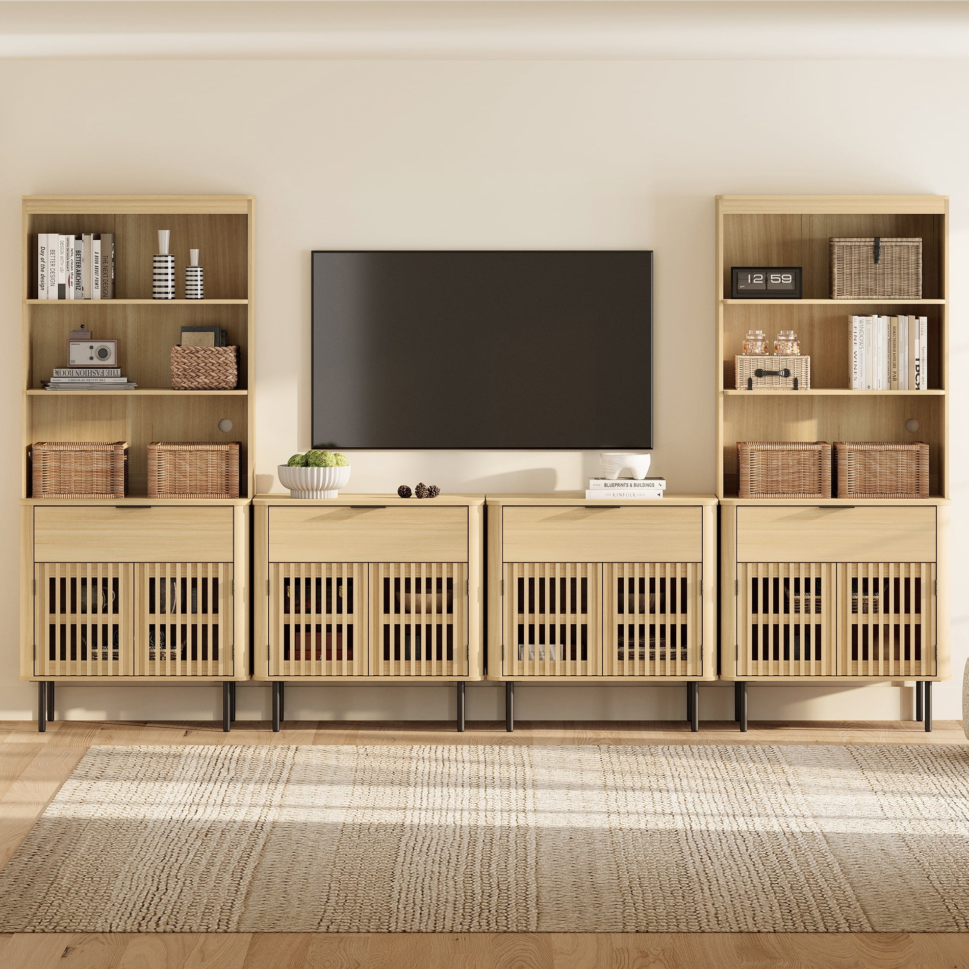 126" W Media Center with Bookcases – TV Stand for TVs Up to 75",Walnut