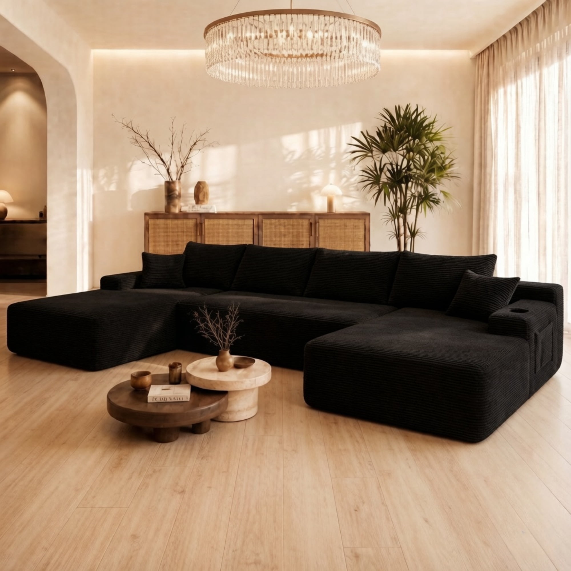 126"W U Shape No-Assembly Sectional Sofa with Chaise, Modular Couch Set with Pockets & Cup Holders, Deep Seat Upholstered Sofa