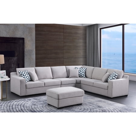 126" Wide Fabric Modular Corner Sectional Sofa with Ottoman in Light Gray