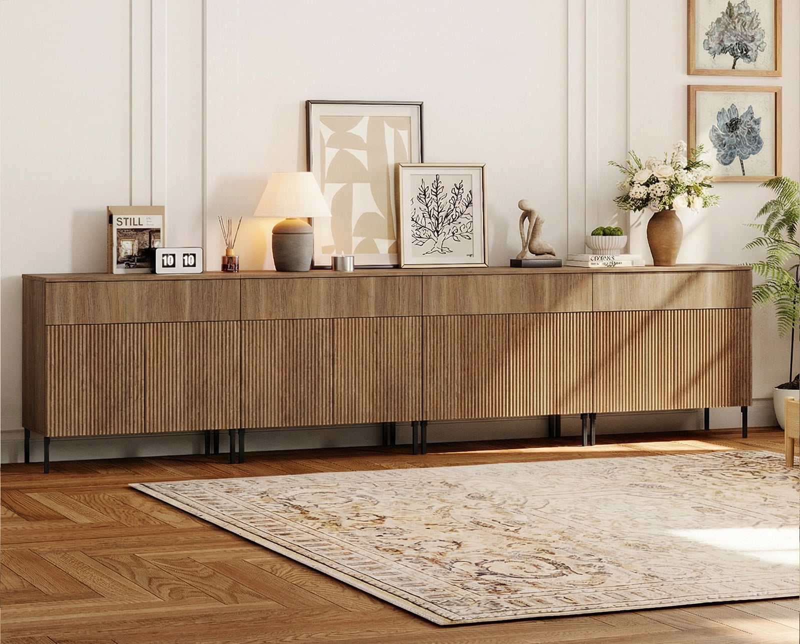 126" Wood Drawer Reeded Dresser for Bedroom, 4-In-1 Minimalist Modern Cabinet, Storage Dresser Organizer for Bedroom Living Room Hallway Closet