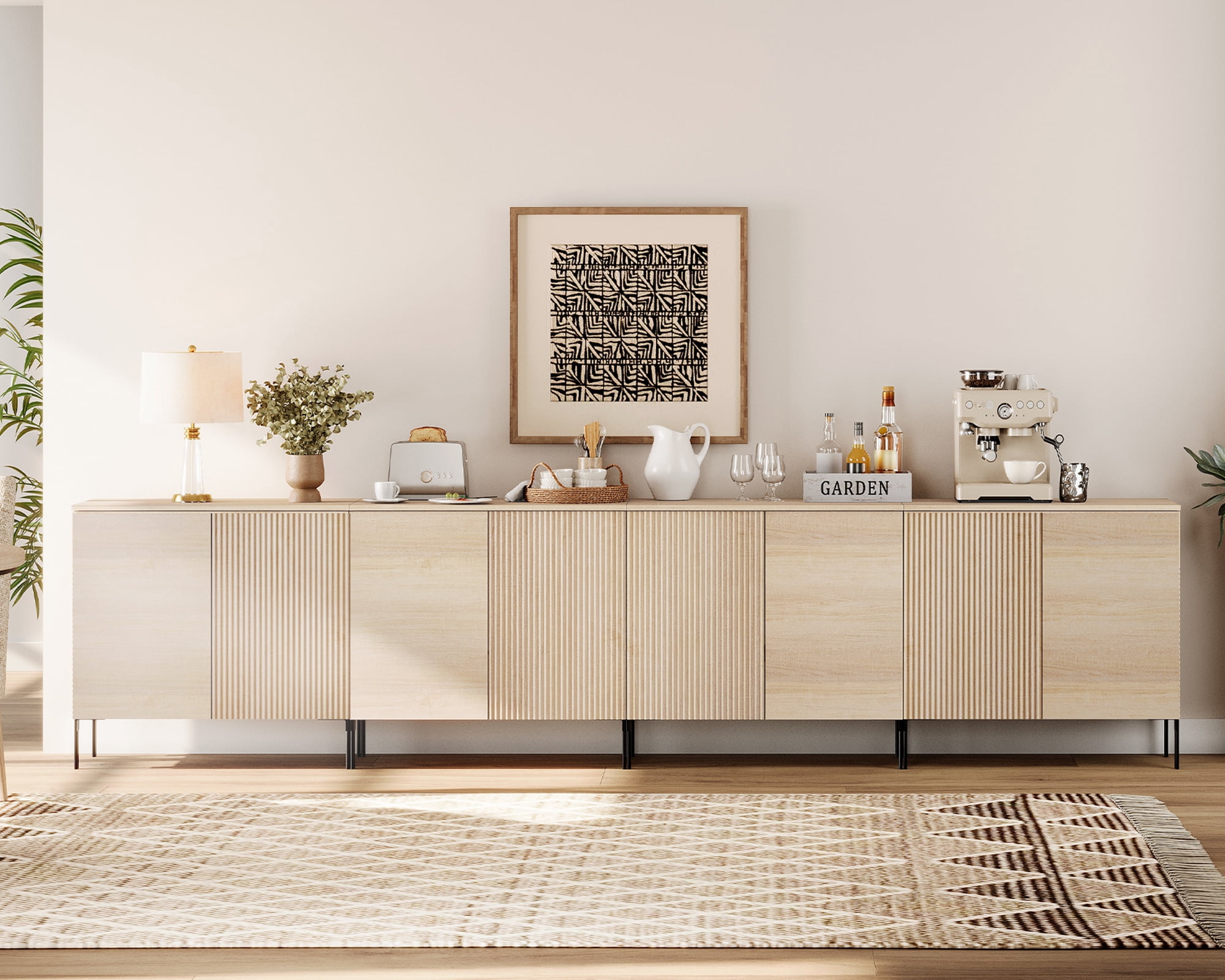 126" Wooden Fluted Sideboard with 8 Doors and Adjustable Shelves, 4-In-1 Modern Credenza Storage Cabinet for Kitchen, Dining Room