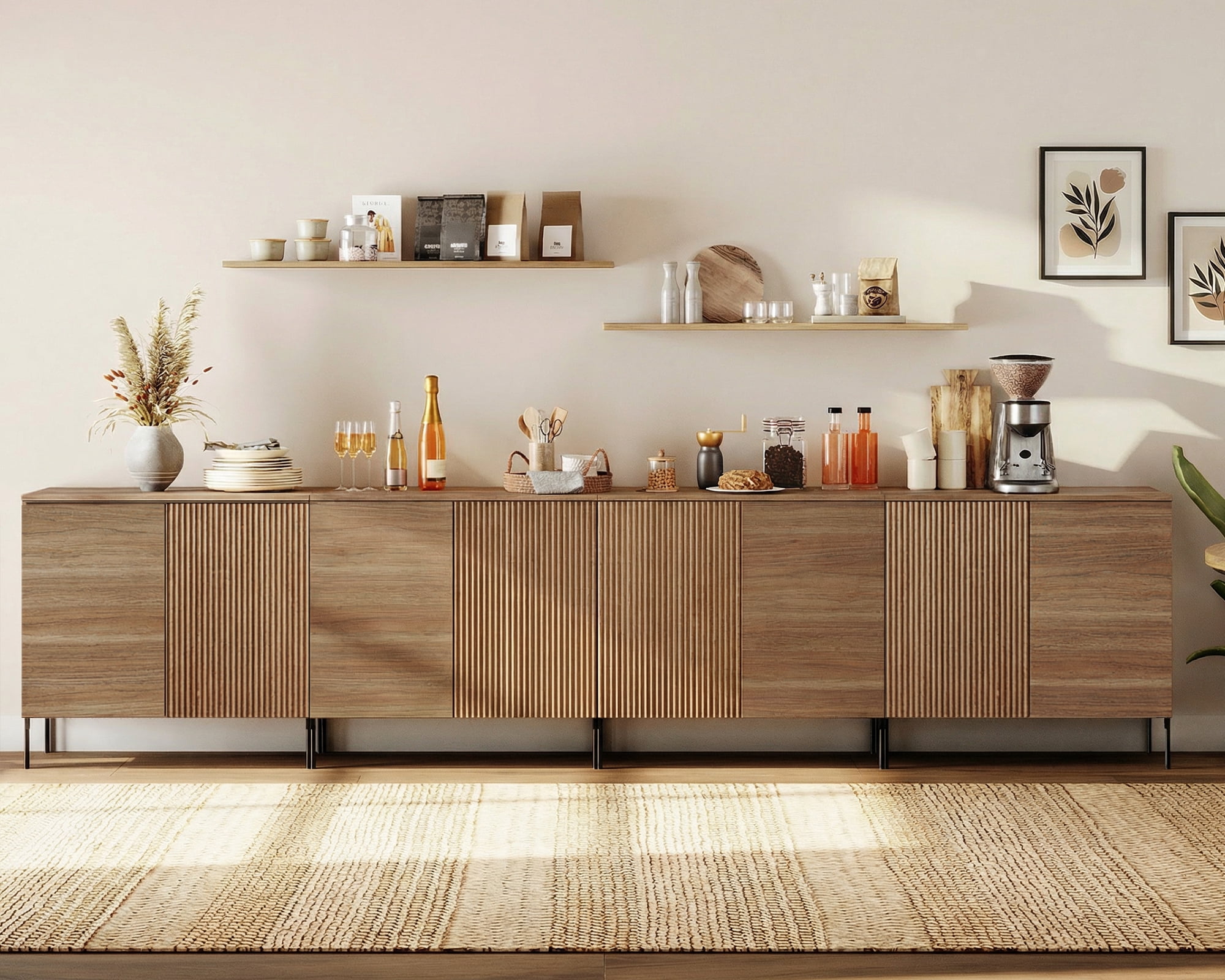 126" Wooden Fluted Sideboard with 8 Doors and Adjustable Shelves, 4-In-1 Modern Credenza Storage Cabinet for Kitchen, Dining Room