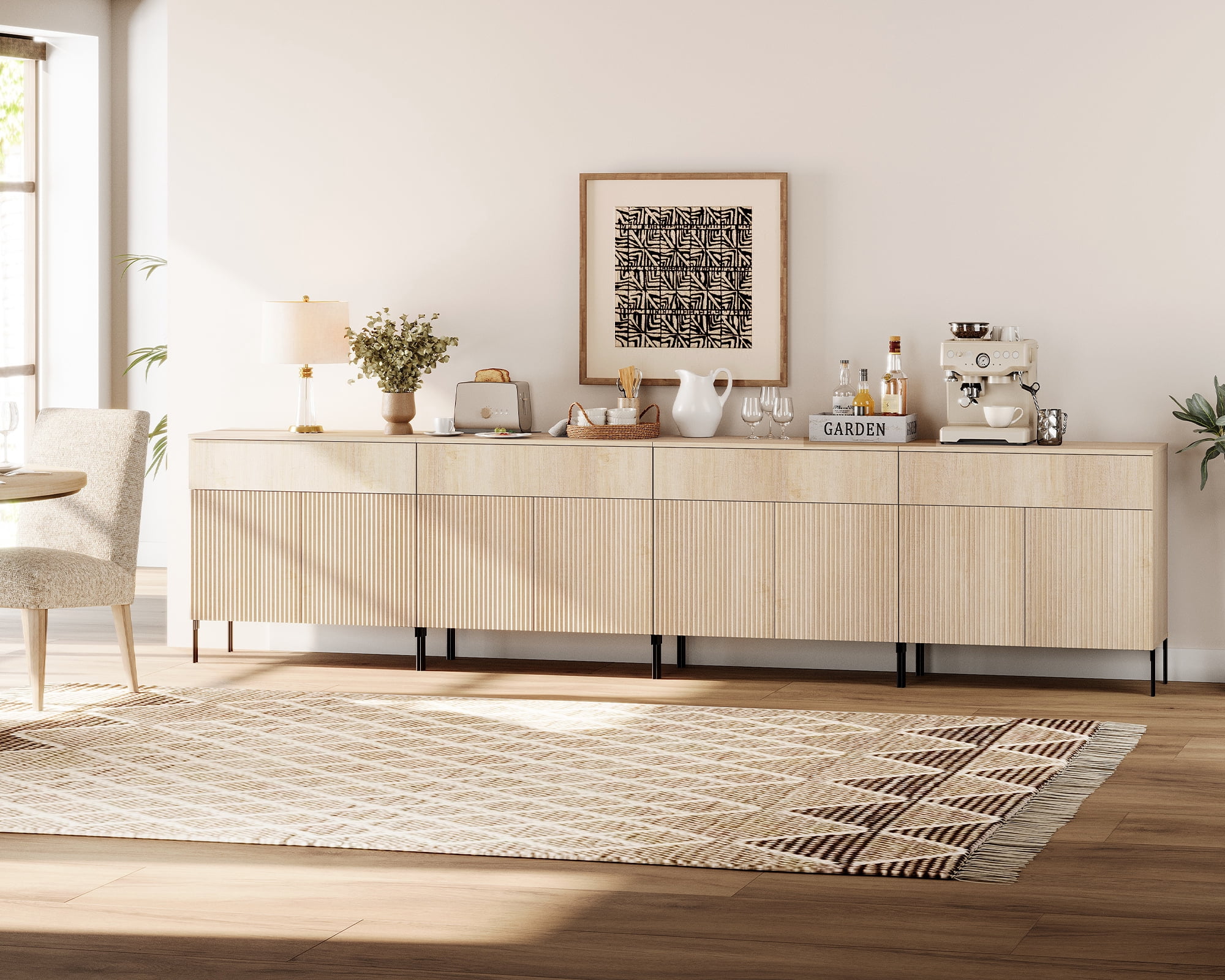 126" Wooden Reeded Sideboard with Doors and Drawers, 4-In-1 Modern Wide Credenza Storage Cabinet for Kitchen, Dining Room