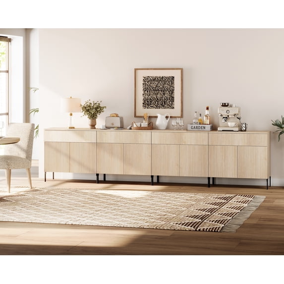 126" Wooden Reeded Sideboard with Doors and Drawers, 4-In-1 Modern Wide Credenza Storage Cabinet for Kitchen, Dining Room