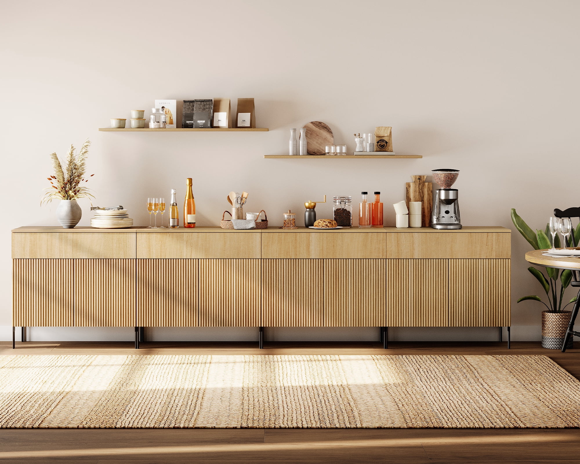 126" Wooden Reeded Sideboard with Doors and Drawers, 4-In-1 Modern Wide Credenza Storage Cabinet for Kitchen, Dining Room