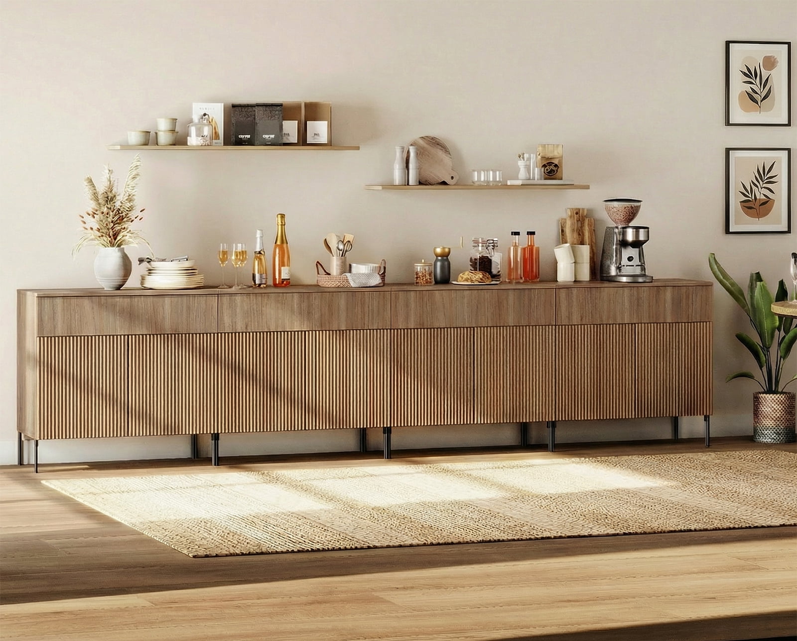 126" Wooden Reeded Sideboard with Doors and Drawers, 4-In-1 Modern Wide Credenza Storage Cabinet for Kitchen, Dining Room