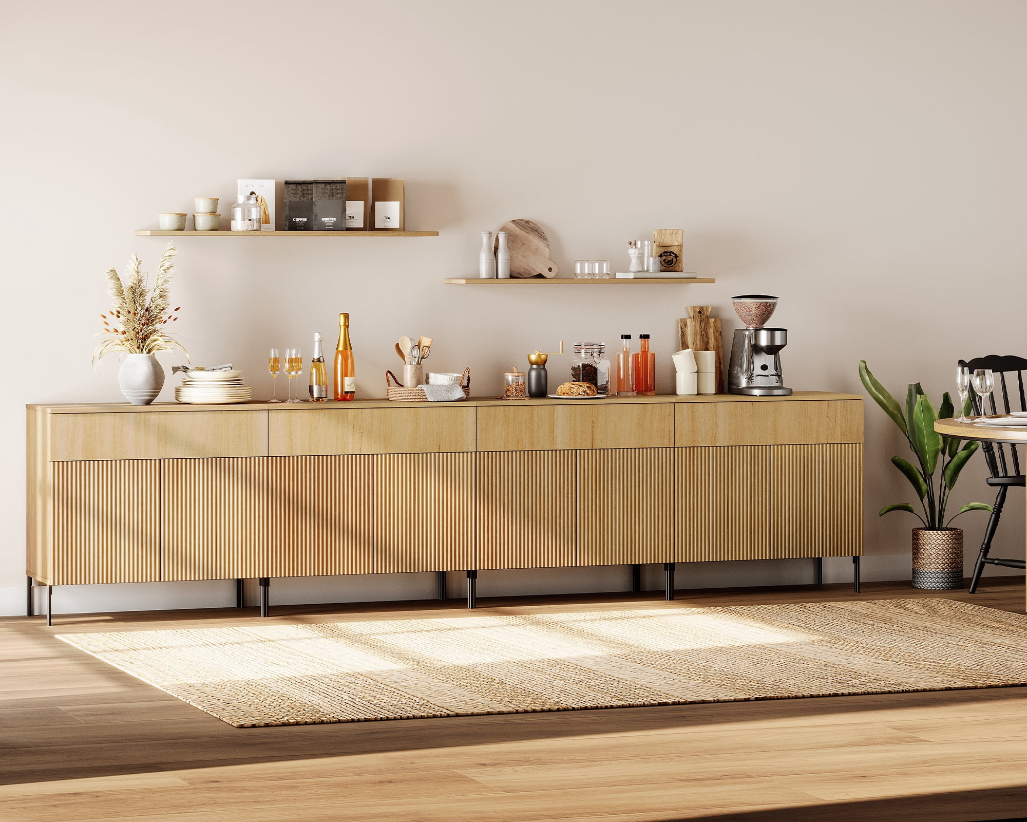 126" Wooden Reeded Sideboard with Doors and Drawers, 4-In-1 Modern Wide Credenza Storage Cabinet for Kitchen, Dining Room