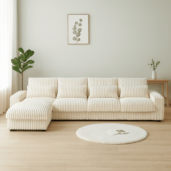 126-inch Corduroy With Cup Holder Super Large L-Shaped Sofa, Movable Footrest, Four Waist Pillows And Four Back Cushion, With USB Port And Type-C Port