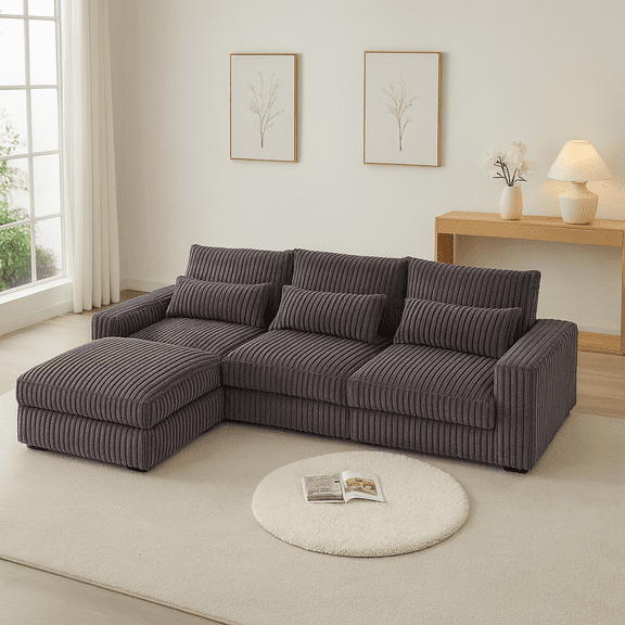 126-inch Corduroy With Cup Holder Super Large L-Shaped Sofa, Movable Footrest, Four Waist Pillows And Four Back Cushion, With USB Port And Type-C Port