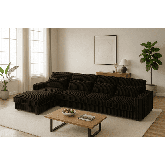 126-inch Corduroy With Cup Holder Super Large L-Shaped Sofa, Movable Footrest, Four Waist Pillows And Four Back Cushion, With USB Port And Type-C Port