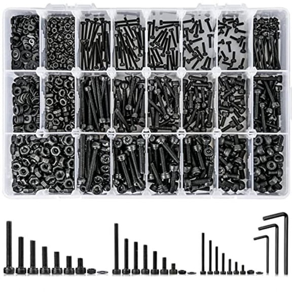 1263PCS Metric Bolt Assortment M2 , 21 Sizes Screws Nuts and Hex Socket Head Cap Machine Kit Black