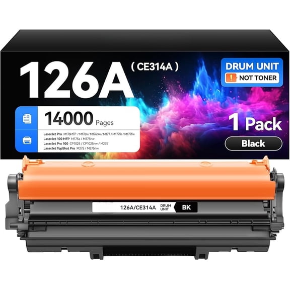 126A/CE314A Drum Unit Black 1-Pack High Yield Replacement for HP 126A CE314A Imaging Drum Compatible with HP Color Laser Jet 100 MFP M175nw M175a M176nw M177fn M177fw M275nw CP1025 CP1025nw Printer