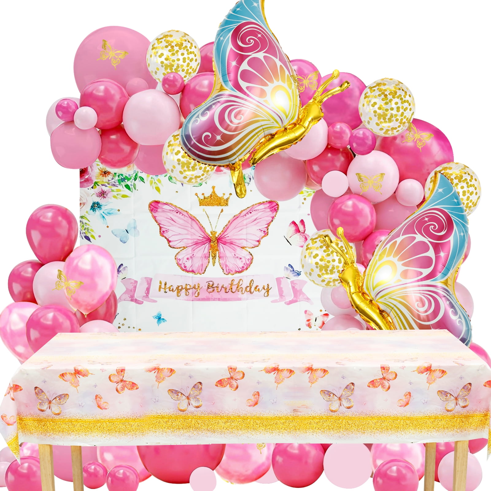 126Pcs Pink Balloon Arch Kit with Foil Butterfly Balloons, Happy Birthday Backdrop & Tablecloth Decorations for Girl's Party