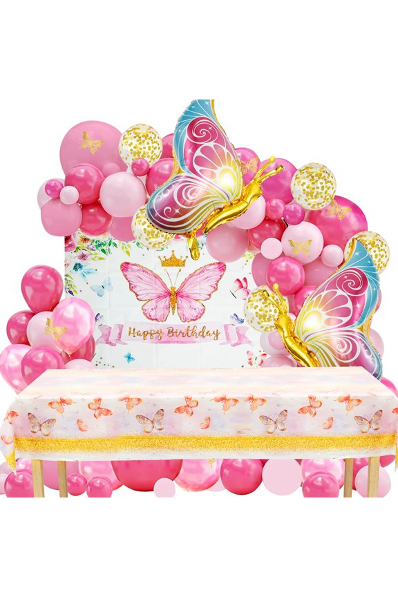 126Pcs Pink Balloon Arch Kit with Foil Butterfly Balloons, Happy Birthday Backdrop & Tablecloth Decorations for Girl's Party
