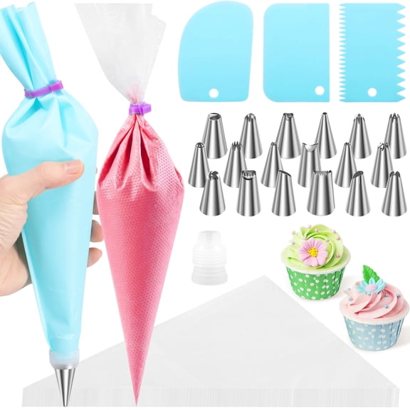126Pcs Piping Bag and Tip Set Multiple Shape Stainless Steel Tip and 12 Inch Piping Bag for Cookie Cupcake Macaron for Beginner and Baking Enthusiast