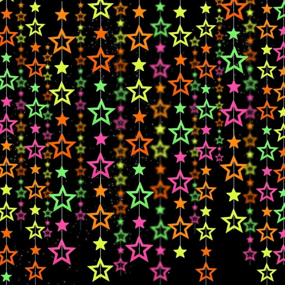 126feet UV Neon Streamers Glow Garland Hollowed Star Paper Hanging Ornaments Glow in The Dark Supplies and Decorations Blacklight Reactive Fluorescent Black Light Party Kit Wedding Birthday Streamers