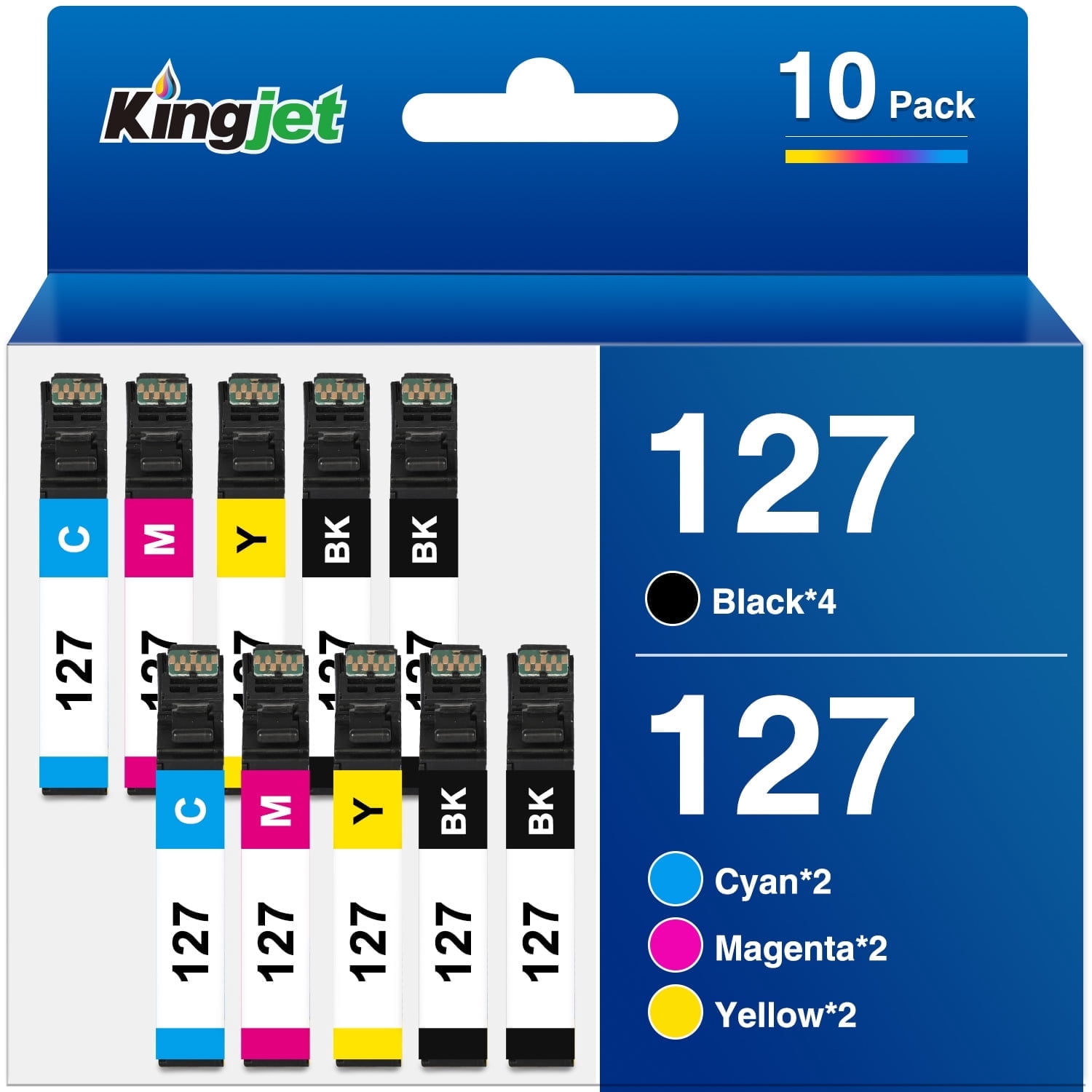 Kingjet Ink Compatible with Epson 127 Ink Cartridge for Printers WF-3520 WF-845 NX530 625 WF-3530 WF-3540 WF-7010 WF-7510 WF-7520 545 645 Printer (Black Cyan Magenta Yellow, 10-Combo Pack)