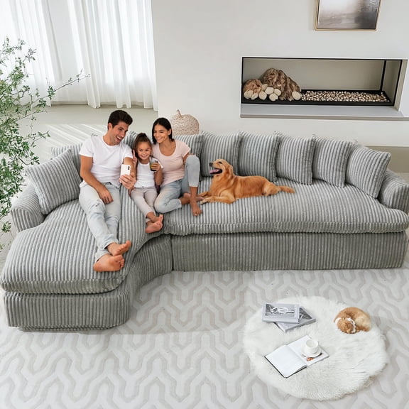 127" L-Shape Corduroy Sectional Couch, 4-5 Seat Sofa with Pillows for Living Room, No Assembly Needed,Gray