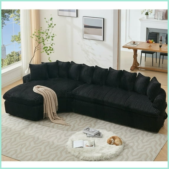 127'' Large Curved L-Shaped Left Sectional Sofa - Soft Corduroy Fabric, No Assembly Required | Black; Cushion Back; Upholstered