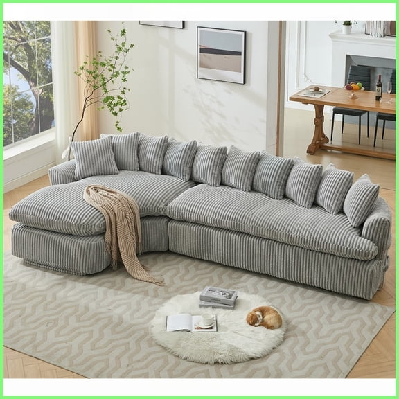 127'' Modern Curved L-Shaped Sectional Sofa - Gray Corduroy Fabric, No Assembly Required for Living Room
