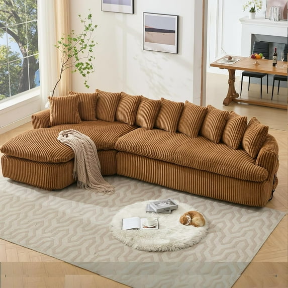 127" Modular Sectional Corduroy Sofa, L Shaped Cloud Couch with 10 Pillows, Comfy Curved Sofa with 7 Iron Frames, Modern Left Chaise Lounge Couches for Living Room, Bedroom, Apatment, Brown