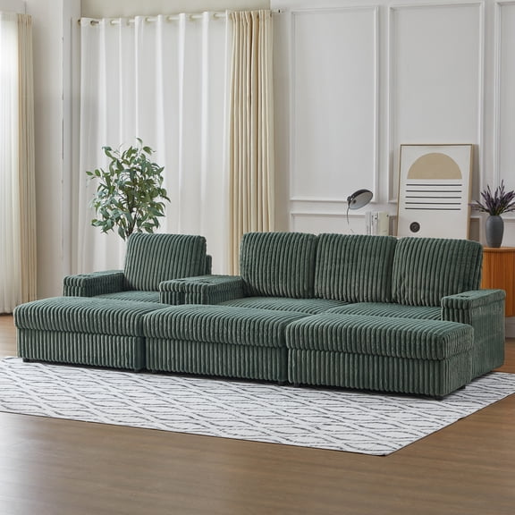 127" Modular Sectional Sofa, 3-Seater Comfy Corduroy Cloud Couch with 3 Movable Ottoman & Cup Holder, Deep Seat Couches for Living Room, Green