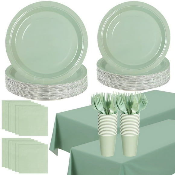 127 Pcs Sage Green Party Supplies, Sage Greenery Disposable Tableware Set with Tablecloths, Paper Plates, Napkins, Cups, and Forks, Party Decorations for Bridal Shower, Wedding, Serve 25 Guests