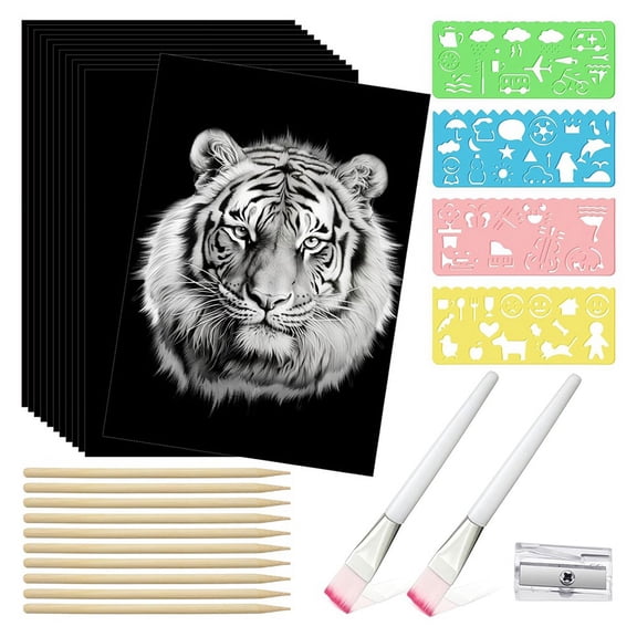 127 Pcs Scratch Paper Art Set Wooden Styluses and Stencils for DIY Birthday Gift Supplies (8.5 X 11 Inch)