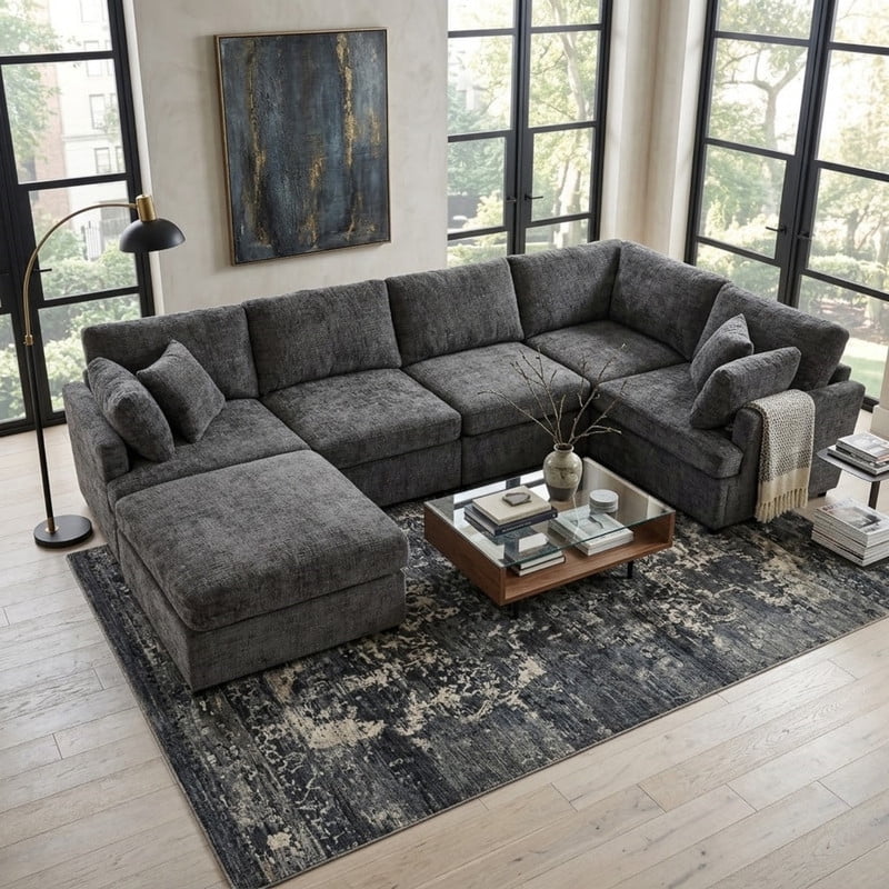 127" U-Shaped Modular Sectional Sofa with Movable Ottoman, 6-Piece Chenille Fabric Couch, Convertible Corner Sofa with Pine Wood Frame, Modern Deep Seat Sofa Set for Living Room & Apartment