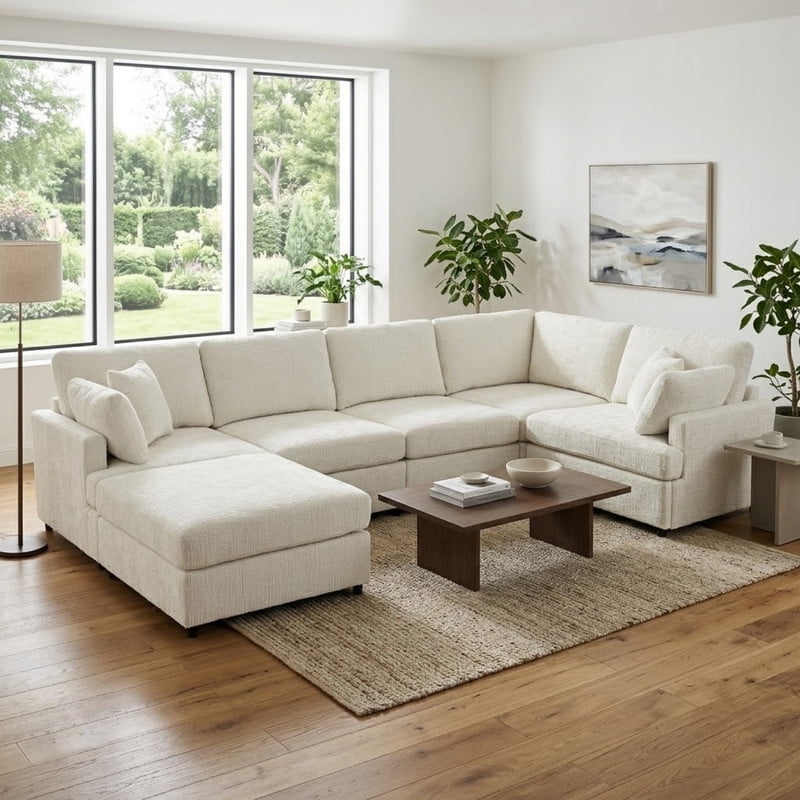 127" U-Shaped Modular Sectional Sofa with Movable Ottoman, 6-Piece Chenille Fabric Couch, Convertible Corner Sofa with Pine Wood Frame, Modern Deep Seat Sofa Set for Living Room & Apartment