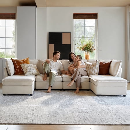 Tina's Home 127" Oversized Modular U-Shaped Sectional Sofa, 6-Seat Convertible Couch with Storage Ottoman, Double Chaise Lounge for Living Room Beige