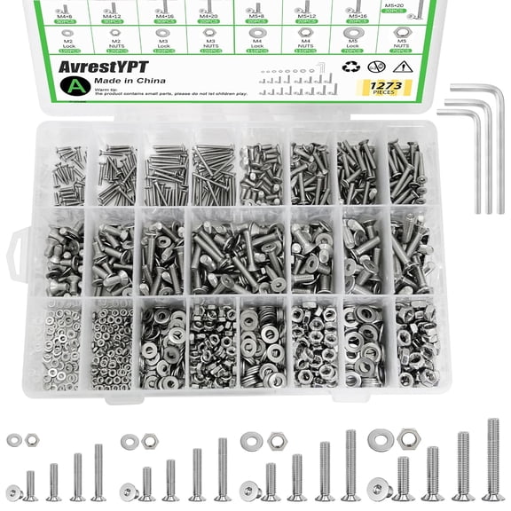 1273Pcs 410 Stainless Steel M2 M3 M4 M5 Screw Kit - 3D Printer Mini Screw, Allen Head/Flat Head/Countersunk Bolt/Screws, Metric Bolts Assortment, Silver Nuts and Bolts for Mechanical Hardware