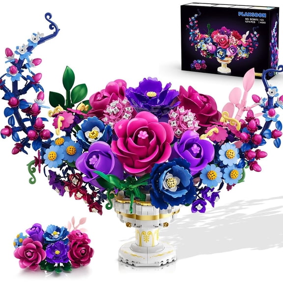 TERRAMUS Moon Flower Bouquet Building Set with LED Light, 1274 Pcs Crescent Shape Floral Building Kit, Lunar Flower Home Decor Gifts for Women Adults Ages 12+