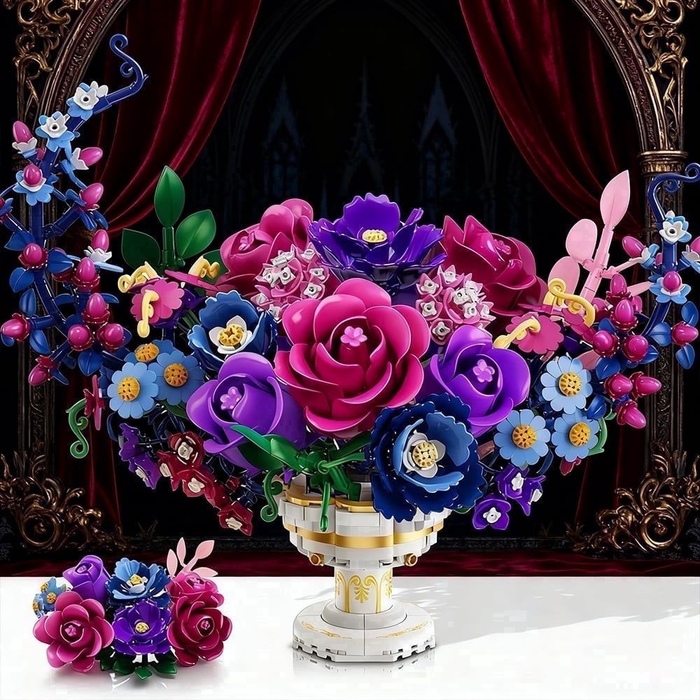 TERRAMUS Moon Flower Bouquet Building Set with LED Light, 1274 Pcs Crescent Shape Floral Building Kit, Lunar Flower Display Model Blocks Toy for Ages 12+
