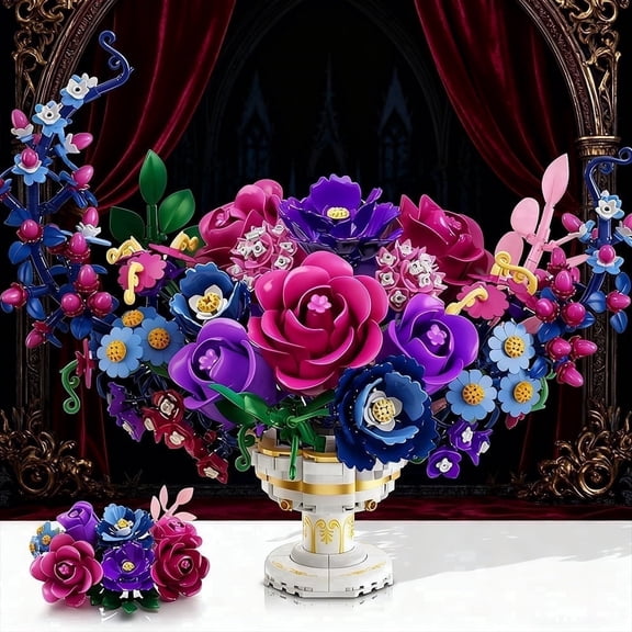 TERRAMUS Moon Flower Bouquet Building Set with LED Light, 1274 Pcs Crescent Shape Floral Building Kit, Lunar Flower Display Model Blocks Toy for Ages 12+